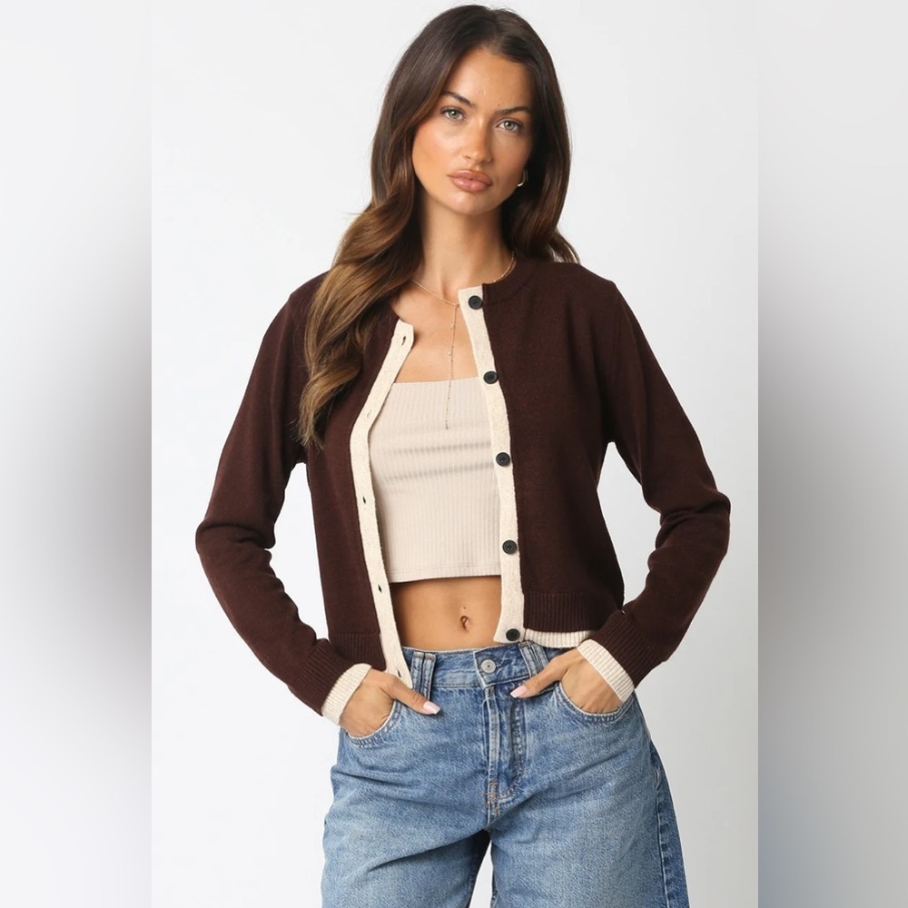 Olivaceous Mocha Edge Cashmere Wool Blend Cardigan Sweater